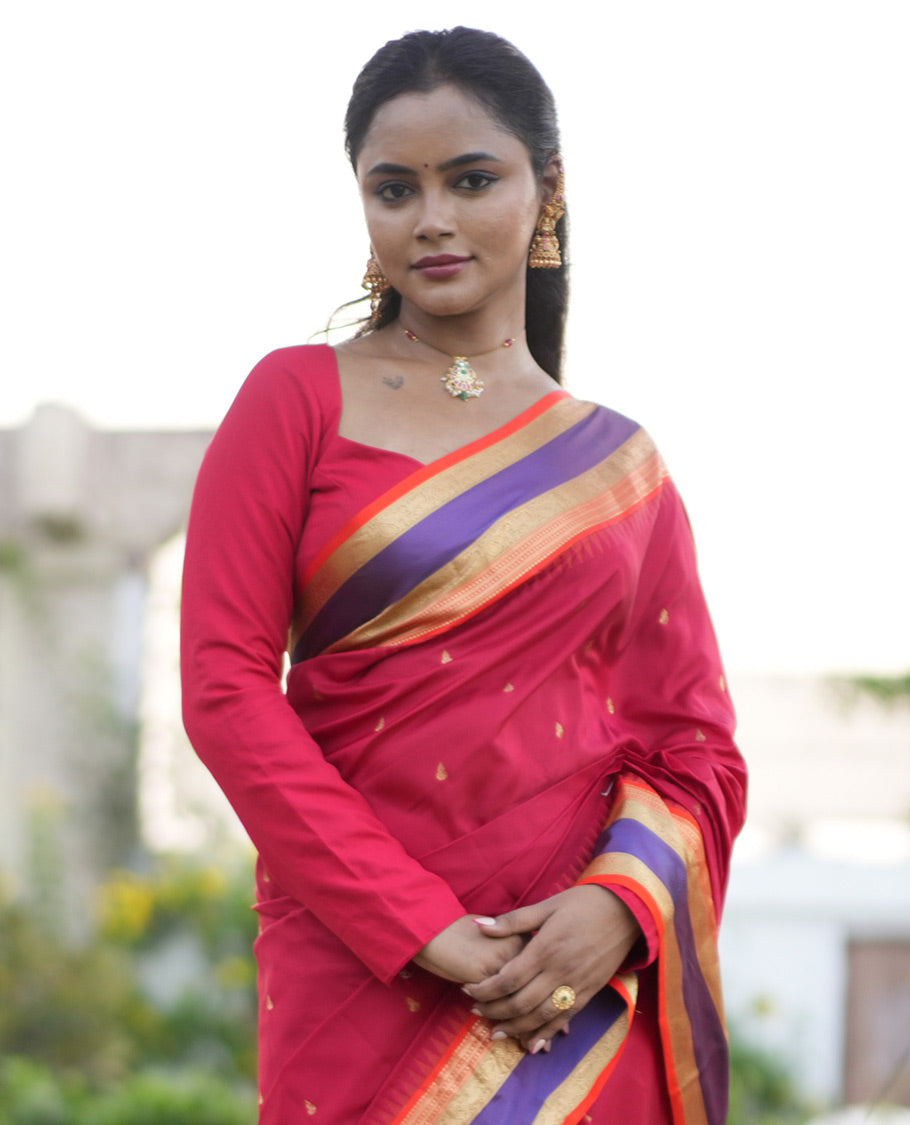 Tomato Red Buttas Vasundhara Lite Silk Mix Saree, Contrast Rettai Pettu Border, Jaal Pallu, Contrast Blouse