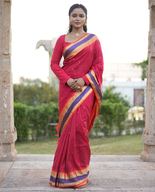 Tomato Red Buttas Vasundhara Lite Silk Mix Saree, Contrast Rettai Pettu Border, Jaal Pallu, Contrast Blouse