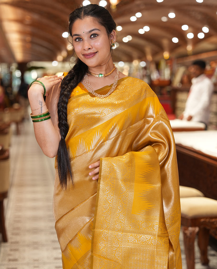 Mustard Litchi Saree Features Tissue-Zari Weave, a Temple Kodi Visiry Border, Grand Pallu and a Matching Blouse