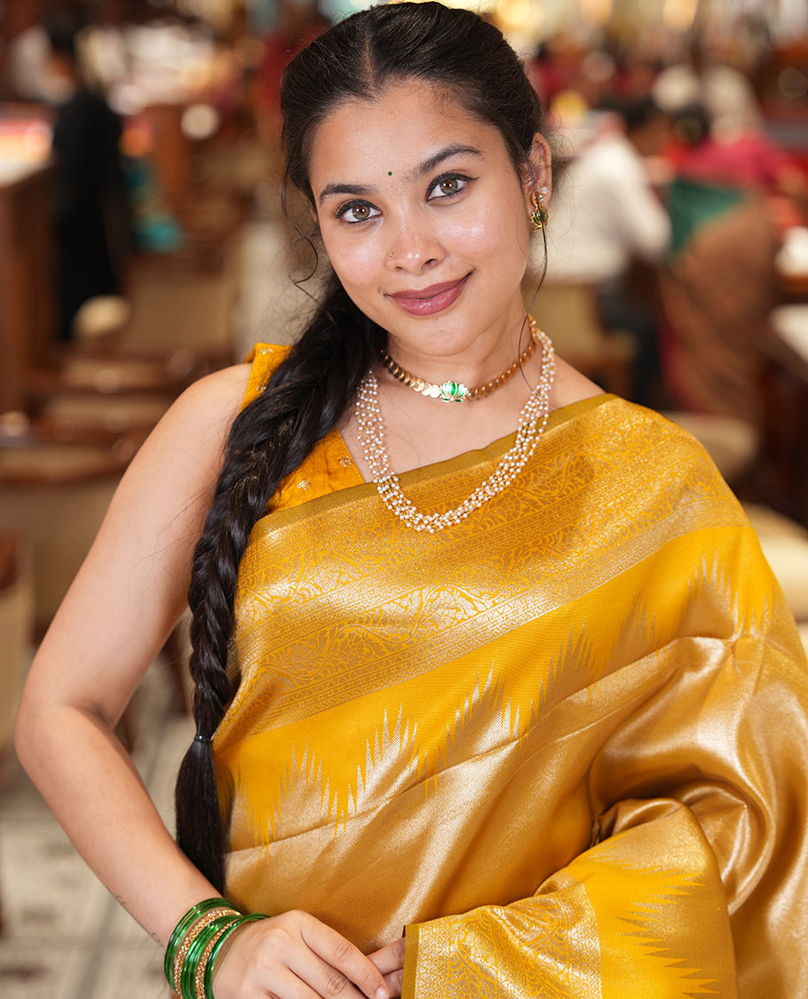 Mustard Litchi Saree Features Tissue-Zari Weave, a Temple Kodi Visiry Border, Grand Pallu and a Matching Blouse