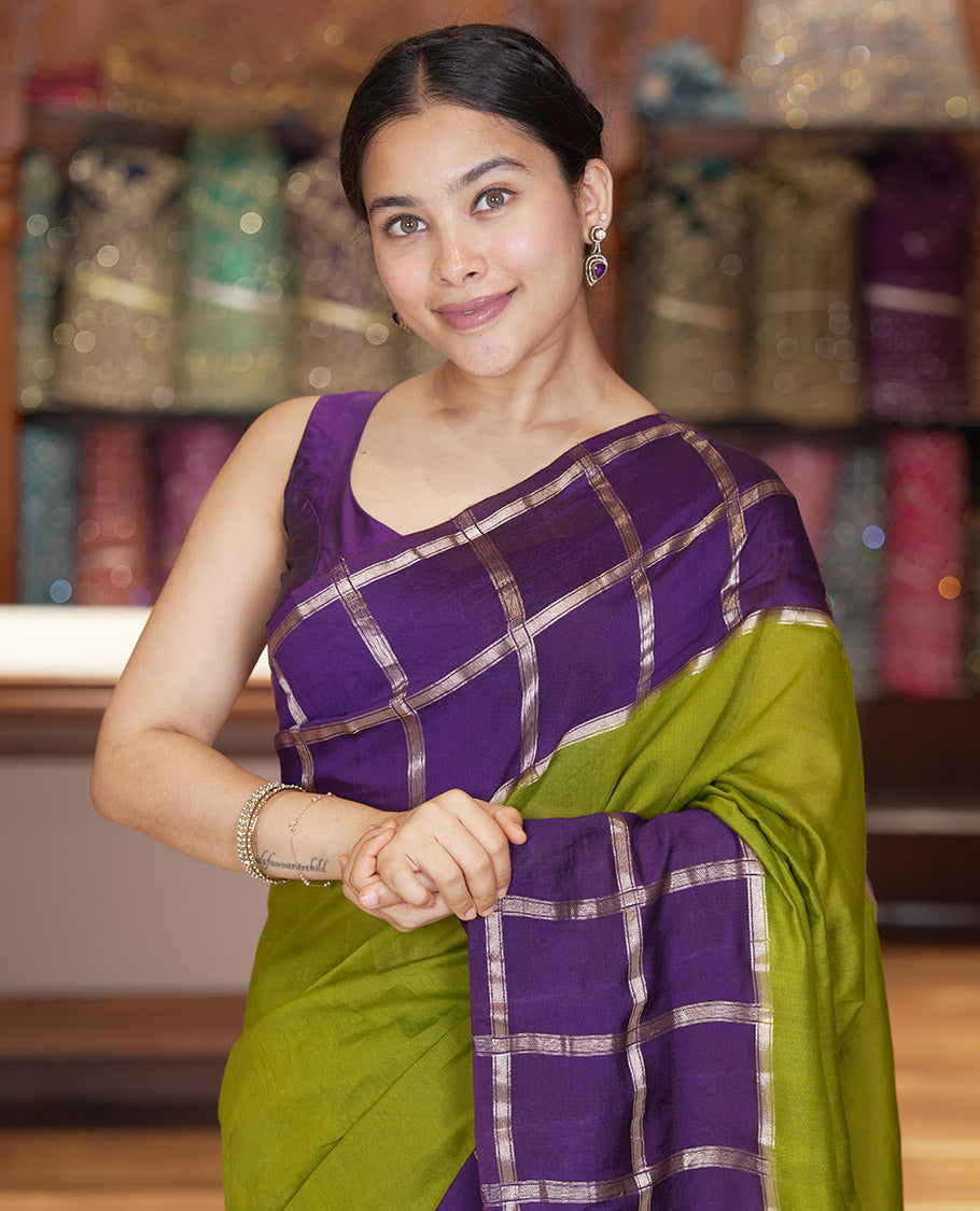 Mehendi Green Plain Assam Silk Saree, Contrast Gharchola Checked Border, Gleaming Zari Striped Pallu, and a Contrast Blouse