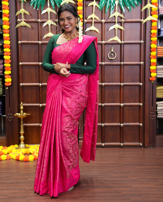 Rani Pink Semi-Tussar Saree Enriched with Floral Jaal Patterns All Over Its Body, Sparsely Sparkled Border, Pallu Adorned with Floral Designs, and Paired with a Matching Blouse