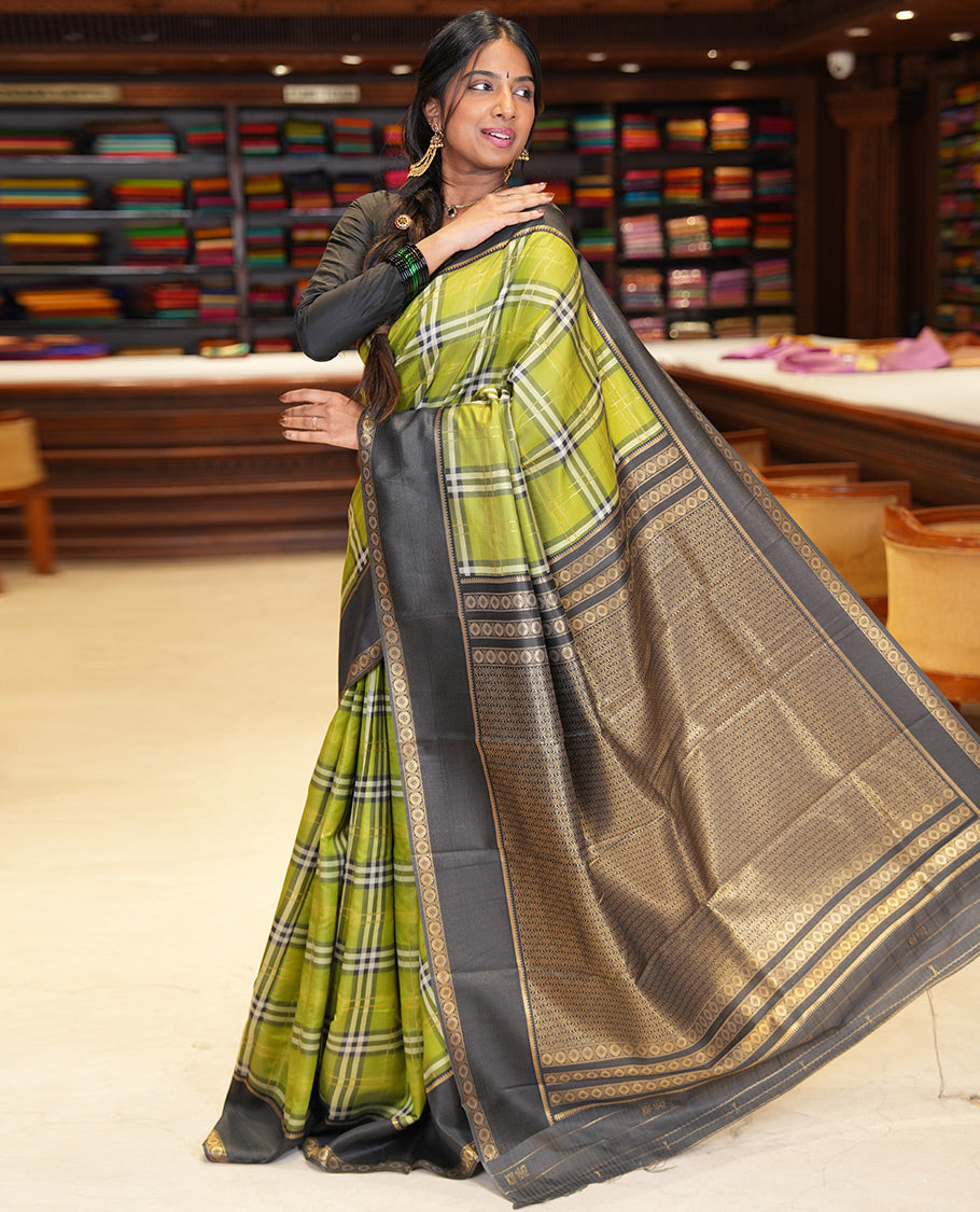 Light Green Budget Silk Saree, Adorned with Burberry-Style Checks, a Contrast Rettai Pettu Border, Intricate Pallu, and a Contrast Blouse