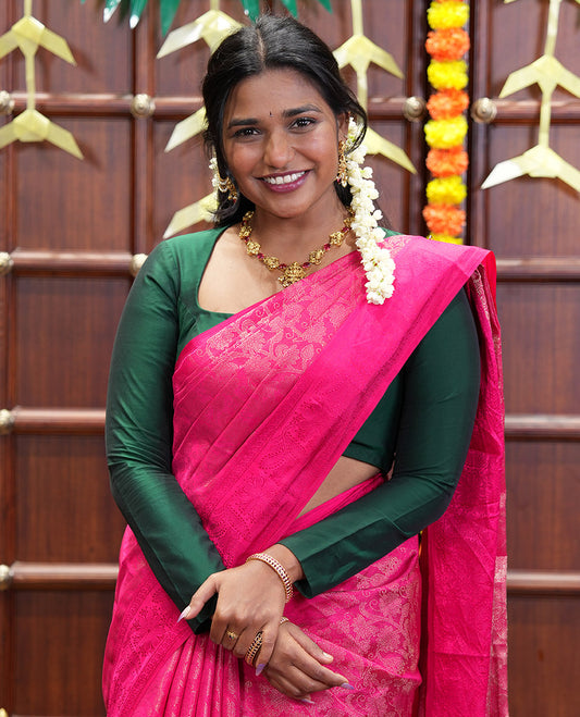 Rani Pink Semi-Tussar Saree Enriched with Floral Jaal Patterns All Over Its Body, Sparsely Sparkled Border, Pallu Adorned with Floral Designs, and Paired with a Matching Blouse