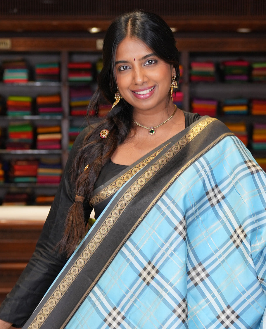 Sky Blue Budget Silk Saree, Adorned with Burberry-Style Checks, a Contrast Rettai Pettu Border, Intricate Pallu, and a Contrast Blouse