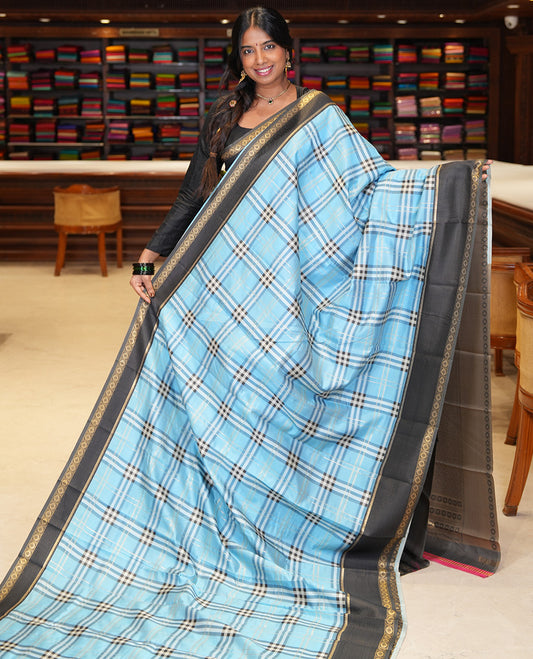 Sky Blue Budget Silk Saree, Adorned with Burberry-Style Checks, a Contrast Rettai Pettu Border, Intricate Pallu, and a Contrast Blouse