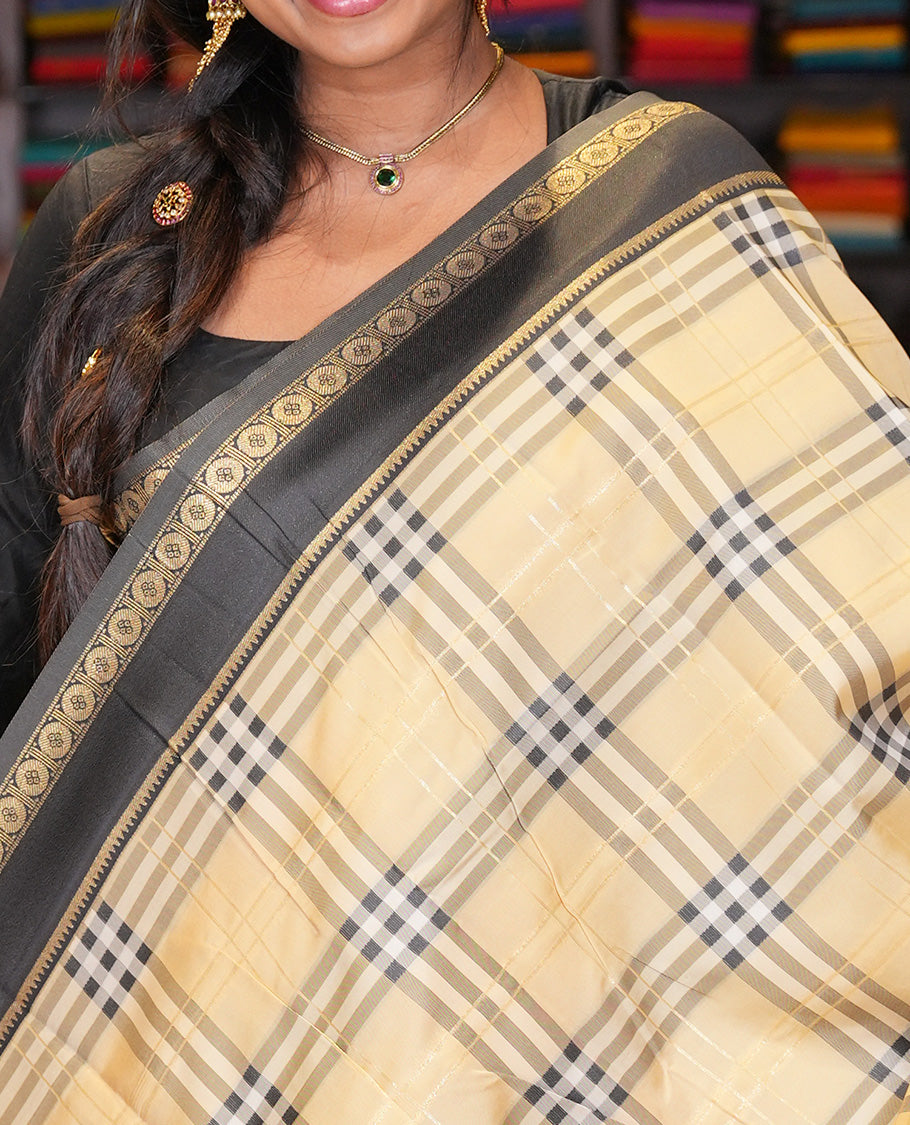 Ivory-Black Budget Silk Saree, Adorned with Burberry-Style Checks, a Contrast Rettai Pettu Border, Intricate Pallu, and a Contrast Blouse