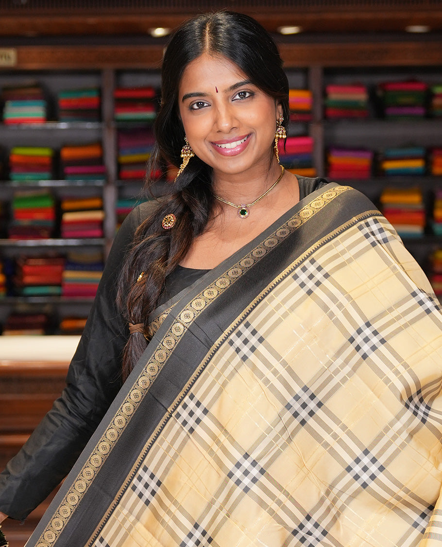 Ivory-Black Budget Silk Saree, Adorned with Burberry-Style Checks, a Contrast Rettai Pettu Border, Intricate Pallu, and a Contrast Blouse