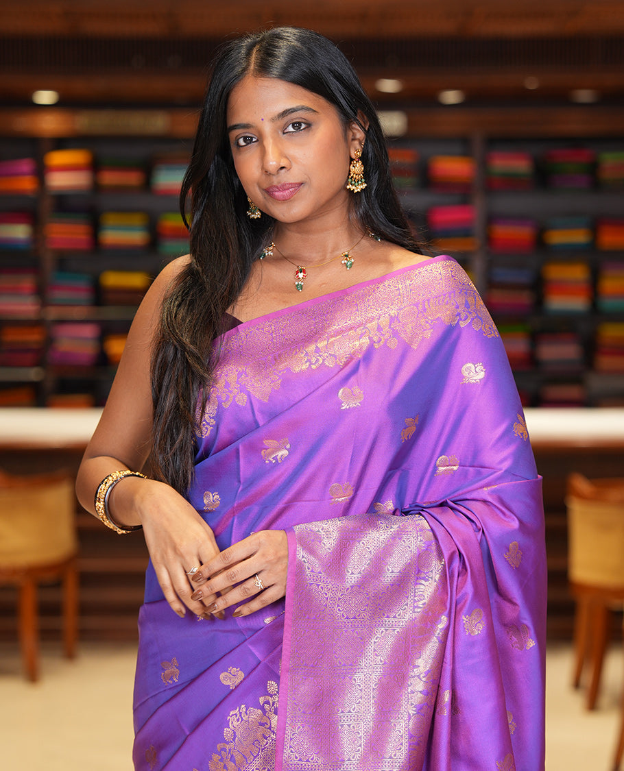 Purple Soft Silk Saree, Accentuated with Horse-Peacock Buttas, a Zari Border, Jaal Pallu, and a Matching Blouse