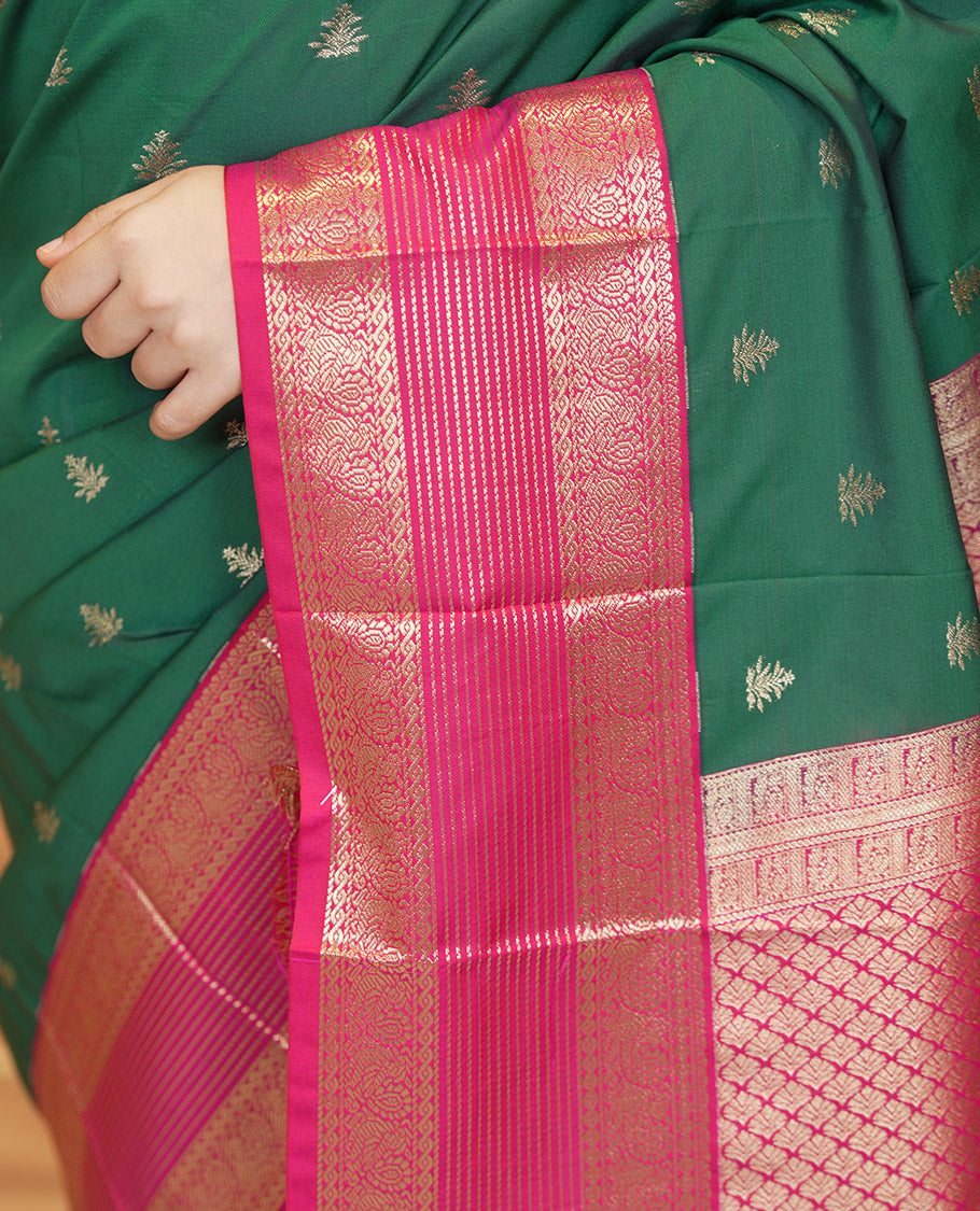 Green and Dark Pink Budget Silk Saree, Zari Buttas All Over Its Body, With Contrast Traditional Zari Border of Peacock Designs, Grand Jaal Pallu, and Contrast Blouse