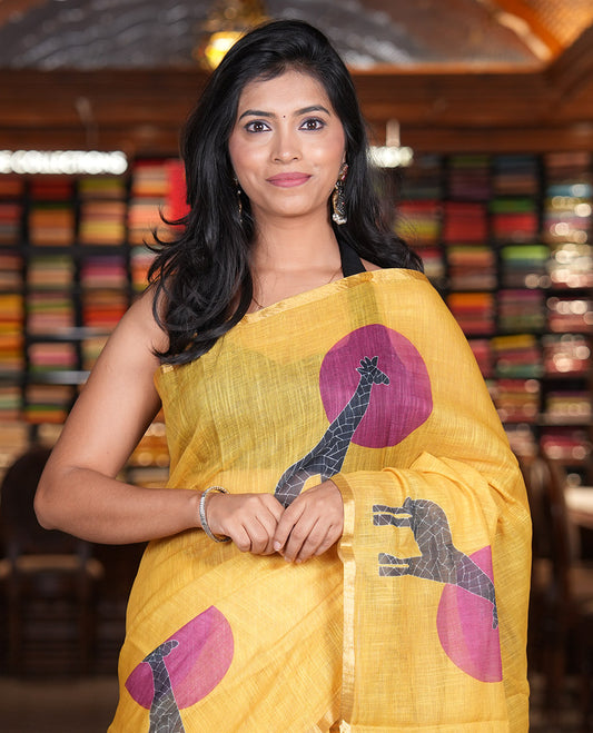 Yellow Linen Saree, Subtly Sparkled With Sun and Giraffe Motifs, a Subtle Zari Piping Border, and a Striped Blouse