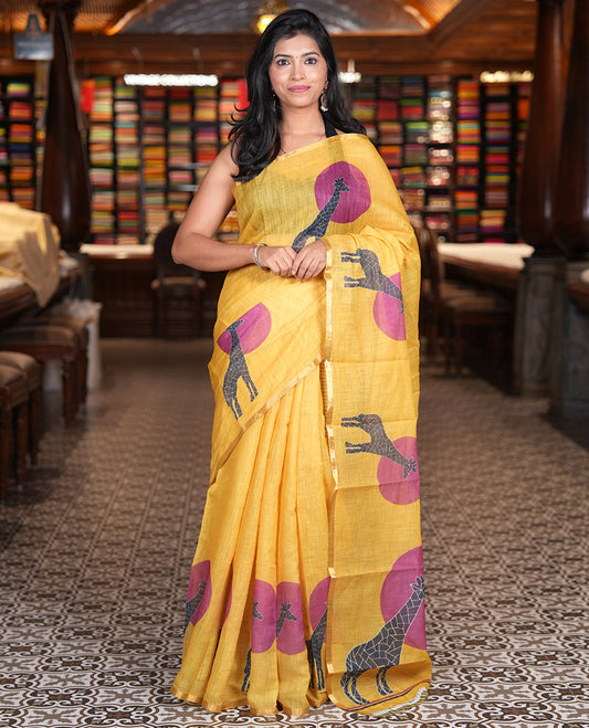 Yellow Linen Saree, Subtly Sparkled With Sun and Giraffe Motifs, a Subtle Zari Piping Border, and a Striped Blouse