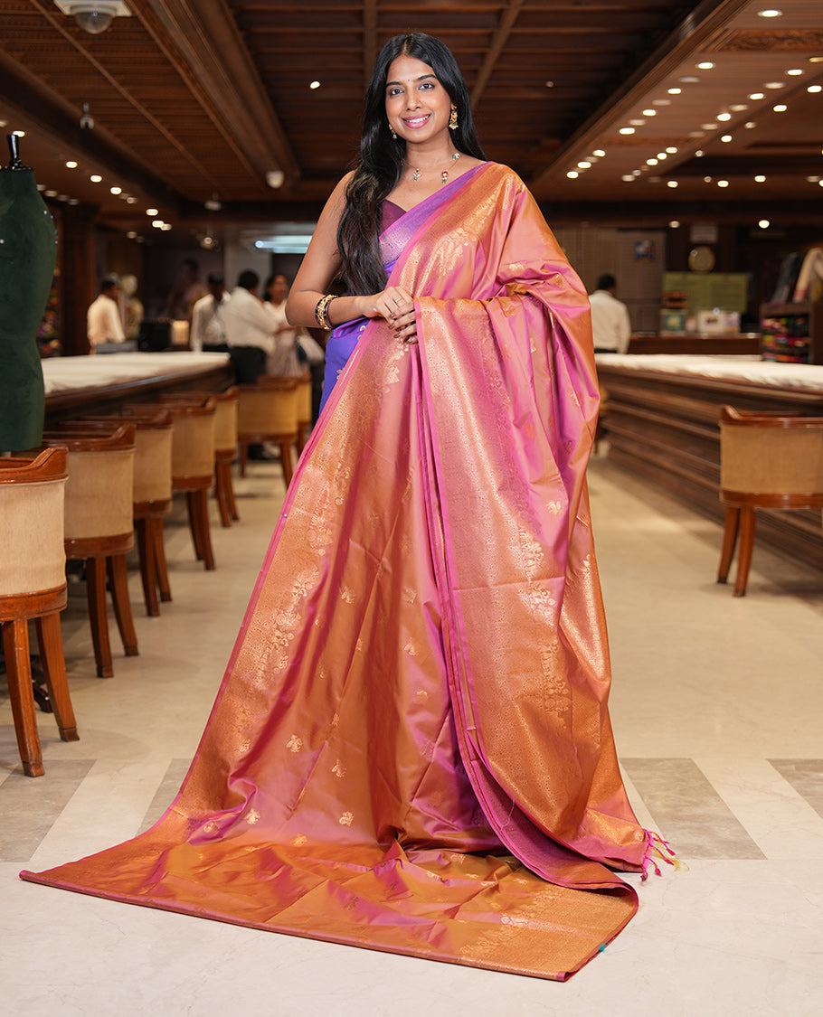 Onion Pink Soft Silk Saree, Adorned with Horse-Peacock Buttas, a Zari Border, Jaal Pallu, and a Matching Blouse