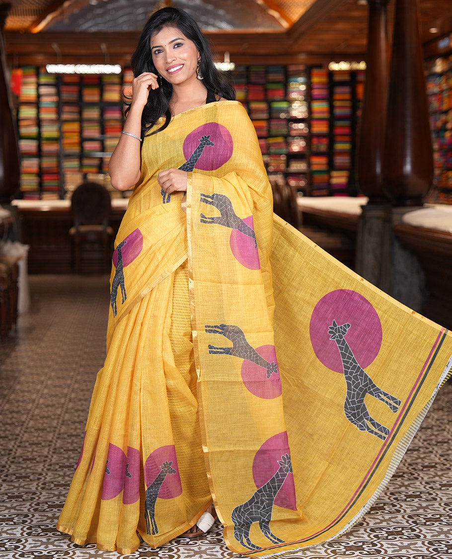 Yellow Linen Saree, Subtly Sparkled With Sun and Giraffe Motifs, a Subtle Zari Piping Border, and a Striped Blouse
