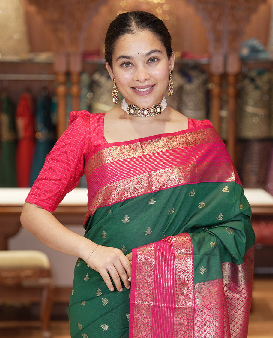 Green and Dark Pink Budget Silk Saree, Zari Buttas All Over Its Body, With Contrast Traditional Zari Border of Peacock Designs, Grand Jaal Pallu, and Contrast Blouse