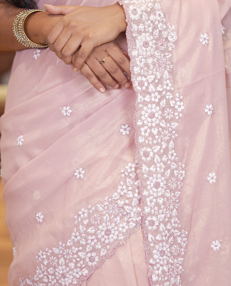 Dusky Pink Shimmer Chiffon Saree, Artfully Detailed with Floral Embroidery, Scallop Embroidery Border, and Matching Blouse