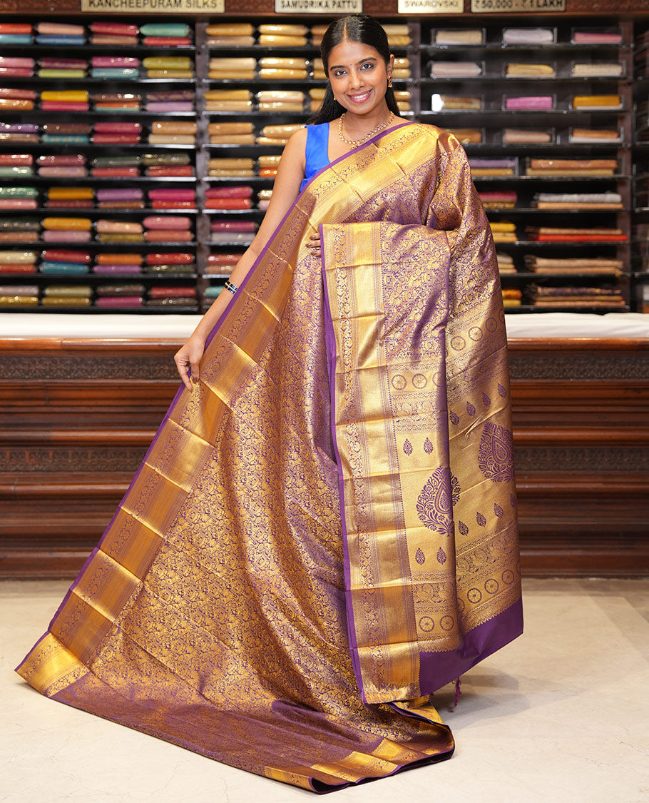Purple Budget Silk Saree, Ornamented with Jacquard Design, a Zari Border, Grand Pallu, and a Matching Blouse