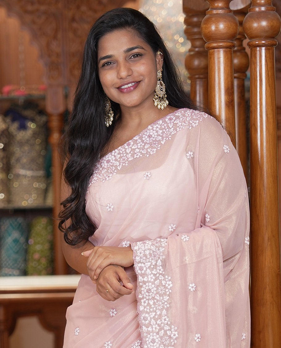 Dusky Pink Shimmer Chiffon Saree, Artfully Detailed with Floral Embroidery, Scallop Embroidery Border, and Matching Blouse