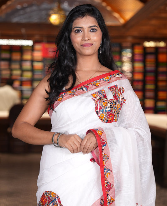 White-Red Khadi Linen Saree, Artfully Crafted with Elephant Appliqué Work, Contrast Temple Appliqué Border and a Plain Blouse