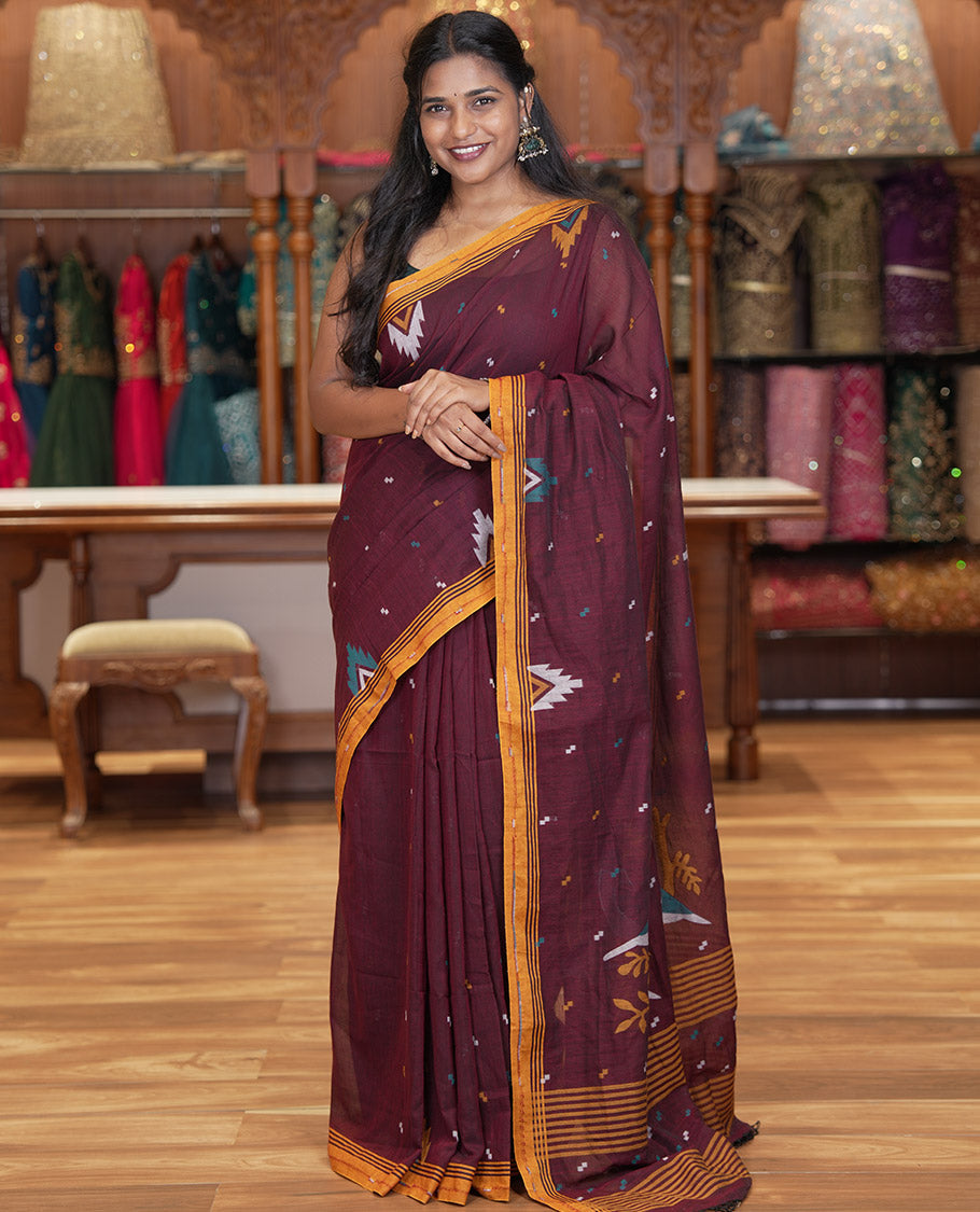 Maroon Khadi Mul Cotton Saree Features Buttas, Contrast Temple Border, Jhamdani Floral-Bird Woven Pallu, and a Matching Blouse