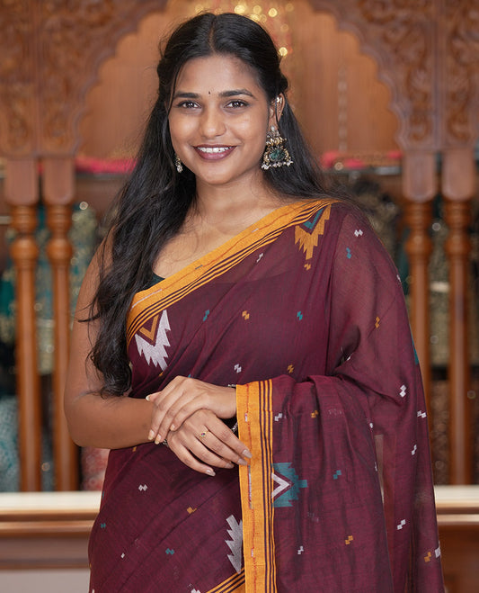 Maroon Khadi Mul Cotton Saree Features Buttas, Contrast Temple Border, Jhamdani Floral-Bird Woven Pallu, and a Matching Blouse