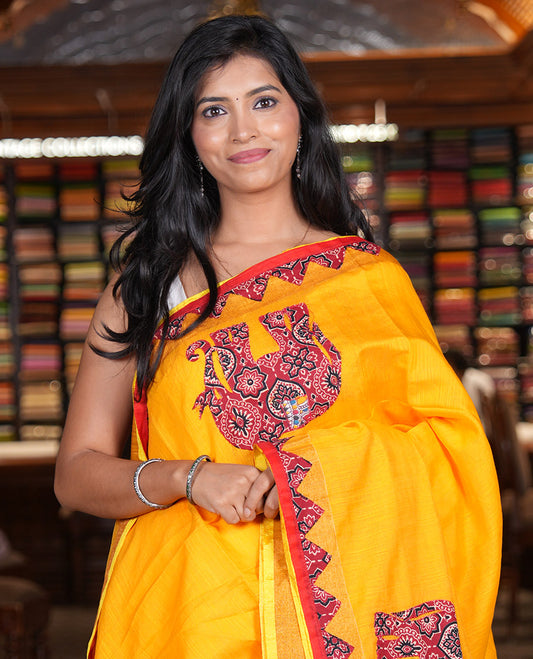 Yellow Khadi Linen Saree, Artfully Crafted with Elephant Appliqué Work, Contrast Temple Appliqué Border and a Plain Blouse