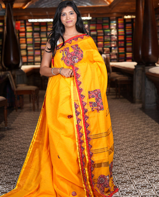Yellow Khadi Linen Saree, Artfully Crafted with Elephant Appliqué Work, Contrast Temple Appliqué Border and a Plain Blouse