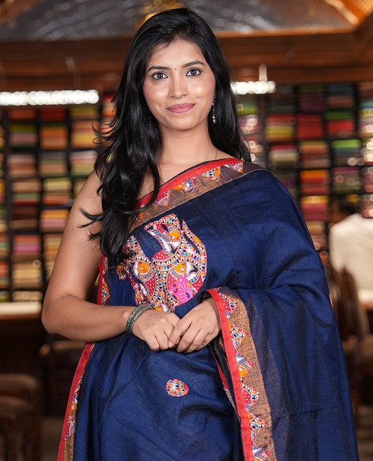 Navy Blue Khadi Linen Saree, Artfully Crafted with Elephant Appliqué Work, Contrast Temple Appliqué Border and a Plain Blouse
