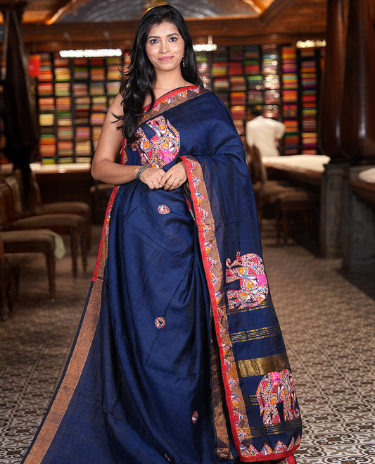 Navy Blue Khadi Linen Saree, Artfully Crafted with Elephant Appliqué Work, Contrast Temple Appliqué Border and a Plain Blouse