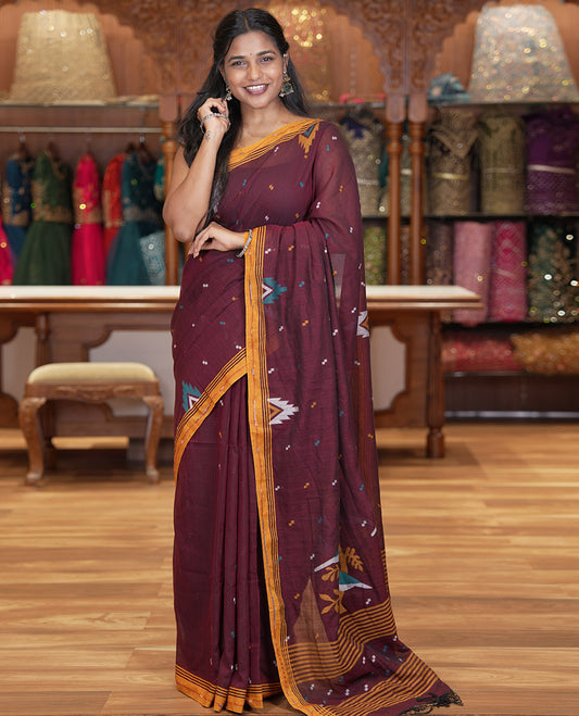 Maroon Khadi Mul Cotton Saree Features Buttas, Contrast Temple Border, Jhamdani Floral-Bird Woven Pallu, and a Matching Blouse