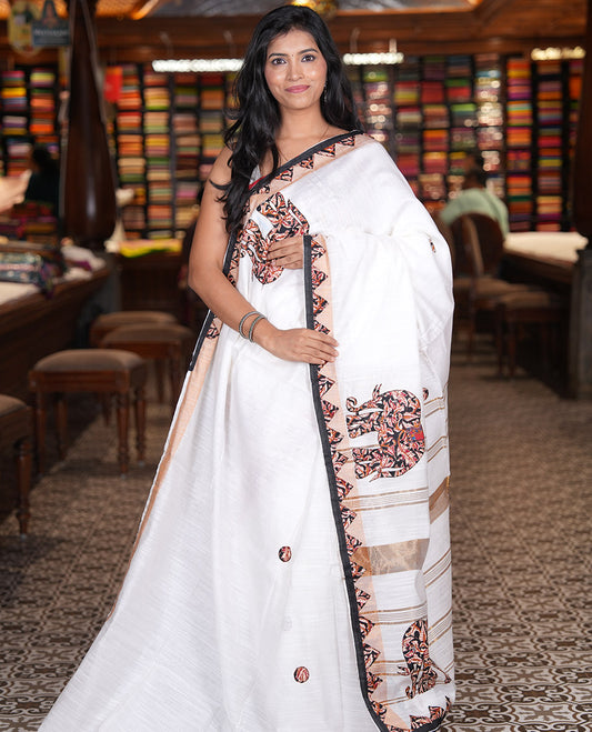 White-Black Khadi Linen Saree, Artfully Crafted with Elephant Appliqué Work, Contrast Temple Appliqué Border and a Plain Blouse