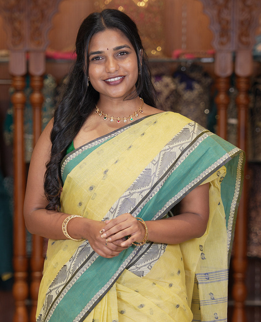 Yellow Bengal Cotton Saree Features Thread Buttas, Contrast Floral Creeper Thread Border, Striped Pallu, a Matching Blouse