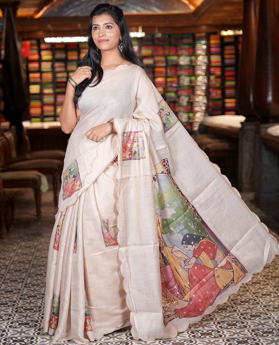 Gold Tissue Saree, Creatively Designed with Female Motifs Painting and Mirror work, a Scallop Border,  and a Printed Blouse