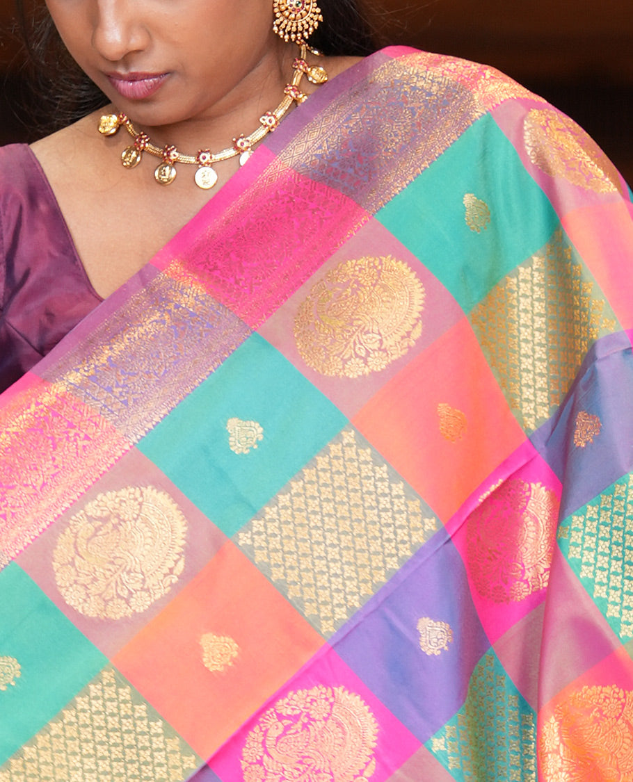 Multi-Color Palum Pazhamum Checked Fancy Soft Silk Saree, Adorned with Zari Buttas, a Zari Border, Rich Pallu, a Matching Blouse
