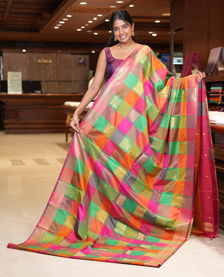 Multi-Color Palum Pazhamum Checked Fancy Soft Silk Saree, Ornamented with Zari Buttas, a Zari Border, Rich Pallu, a Matching Blouse