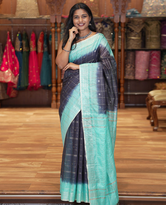 Navy Blue Bhagalpur Cotton Saree, Adorned with Zari Butta Enclosed Checks, Contrast Checked Border, Striped Pallu, and a Contrast Blouse