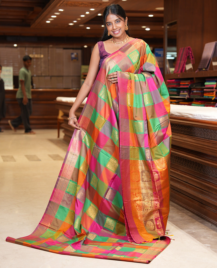 Multi-Color Palum Pazhamum Checked Fancy Soft Silk Saree, Ornamented with Zari Buttas, a Zari Border, Rich Pallu, a Matching Blouse