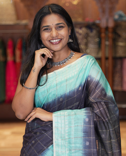 Navy Blue Bhagalpur Cotton Saree, Adorned with Zari Butta Enclosed Checks, Contrast Checked Border, Striped Pallu, and a Contrast Blouse
