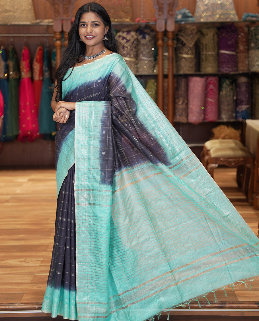 Navy Blue Bhagalpur Cotton Saree, Adorned with Zari Butta Enclosed Checks, Contrast Checked Border, Striped Pallu, and a Contrast Blouse
