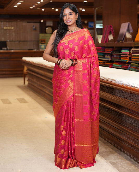 Red Chettinad Mysore Silk Saree Features Iruthalai Pakshi Buttas Enclosed Checks, a Traditional Border, Matching Blouse