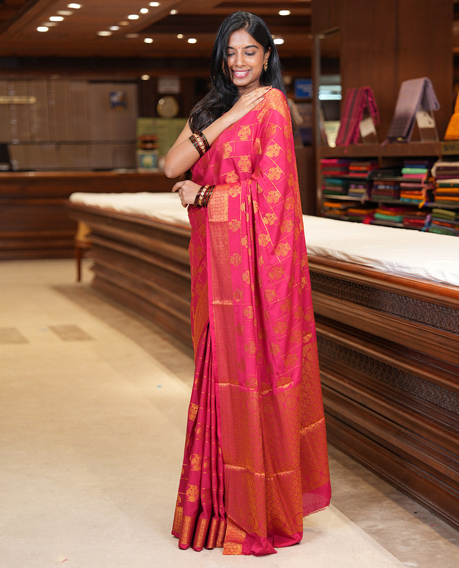 Red Chettinad Mysore Silk Saree Features Iruthalai Pakshi Buttas Enclosed Checks, a Traditional Border, Matching Blouse