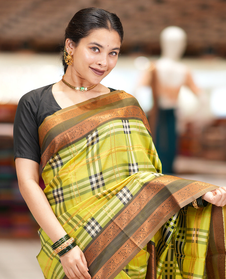 Liril Green Burberry Checked Litchi Saree, a Contrast Rettai Pettu Border, Grand Pallu, Contrast Blouse
