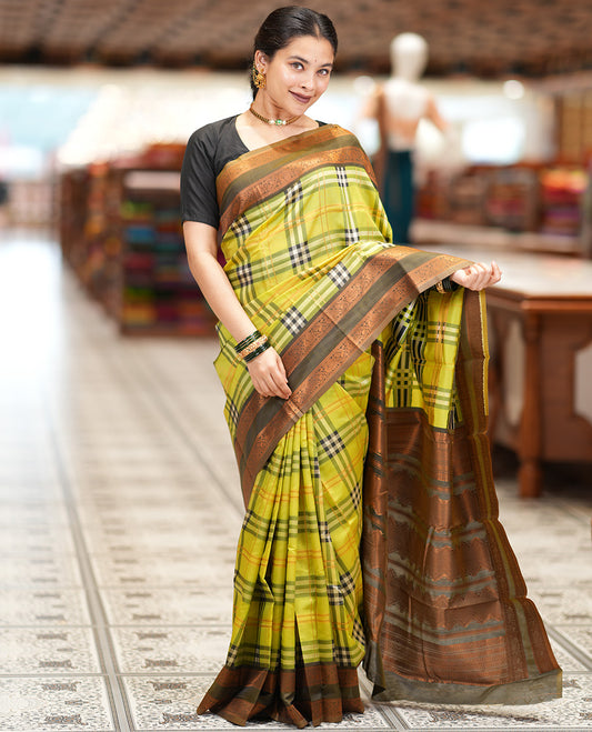 Liril Green Burberry Checked Litchi Saree, a Contrast Rettai Pettu Border, Grand Pallu, Contrast Blouse