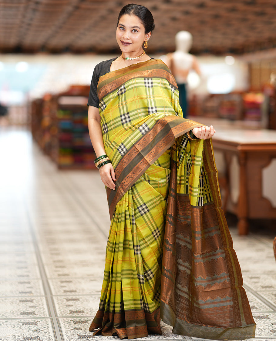 Liril Green Burberry Checked Litchi Saree, a Contrast Rettai Pettu Border, Grand Pallu, Contrast Blouse