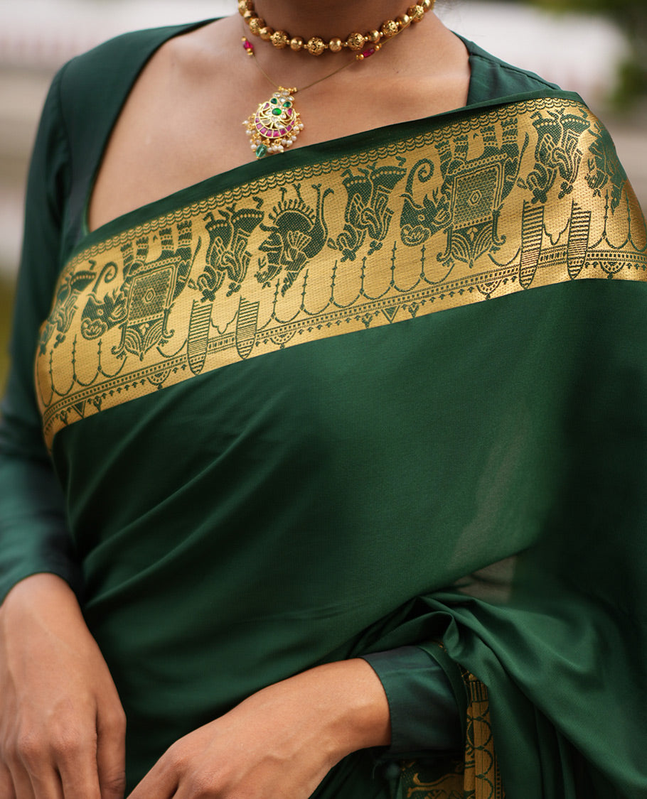 Karumpachai Plain Semi-Mysore Saree, Zari Wedding-Themed Border, Zari Striped Pallu, Matching Blouse