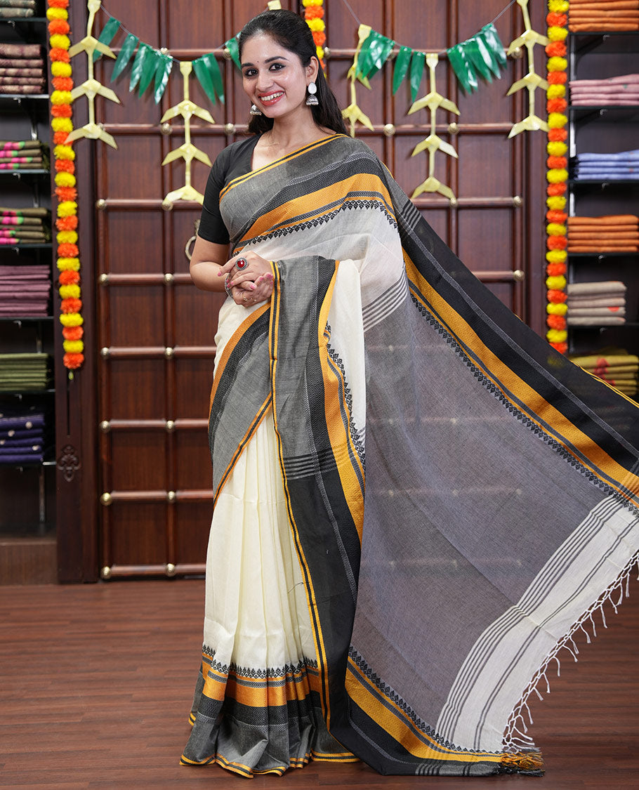 Cream-Black Plain Khadi Mul Cotton Saree, Complemented by a Contrast Thread-Woven Border of Geometric Patterns, Contrast Plain Pallu, and Paired with a Matching Blouse