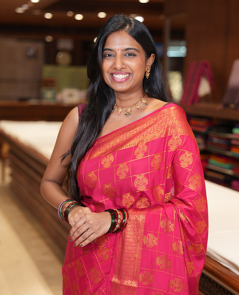 Red Chettinad Mysore Silk Saree Features Iruthalai Pakshi Buttas Enclosed Checks, a Traditional Border, Matching Blouse