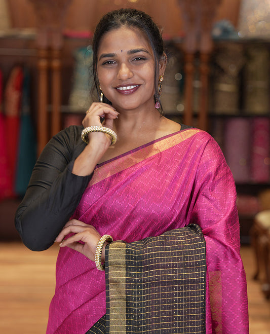 Rani Pink Semi-Raw Silk Saree, Delicately Woven with Zig-Zag Stripes All Over Its Body, Complemented by Contrast Border of Butta Enclosed Checks, Striped Pallu, and Paired with a Contrast Blouse