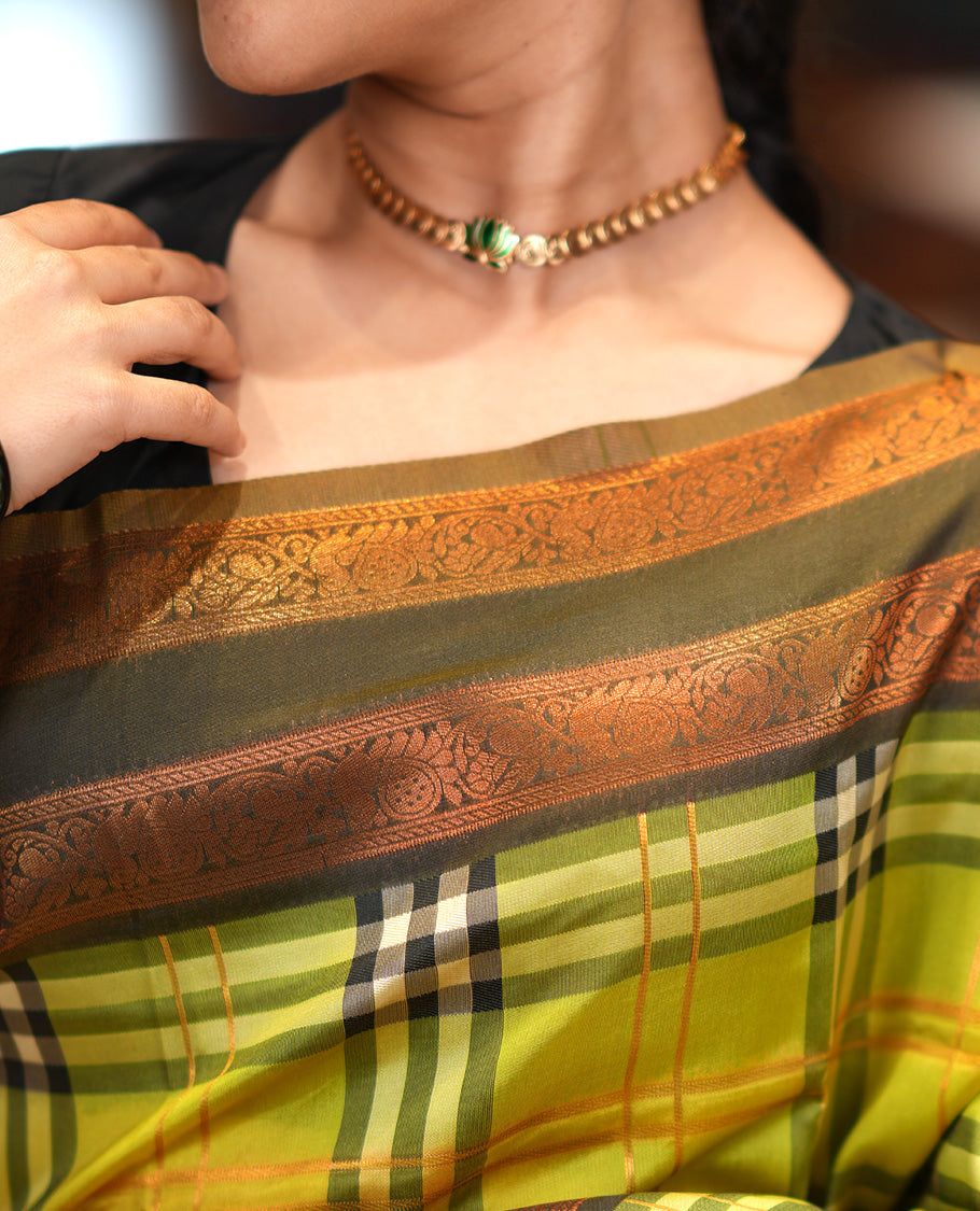 Liril Green Burberry Checked Litchi Saree, a Contrast Rettai Pettu Border, Grand Pallu, Contrast Blouse