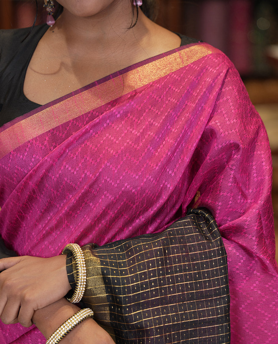 Rani Pink Semi-Raw Silk Saree, Delicately Woven with Zig-Zag Stripes, Contrast Border of Butta Enclosed Checks, Striped Pallu, and a Contrast Blouse
